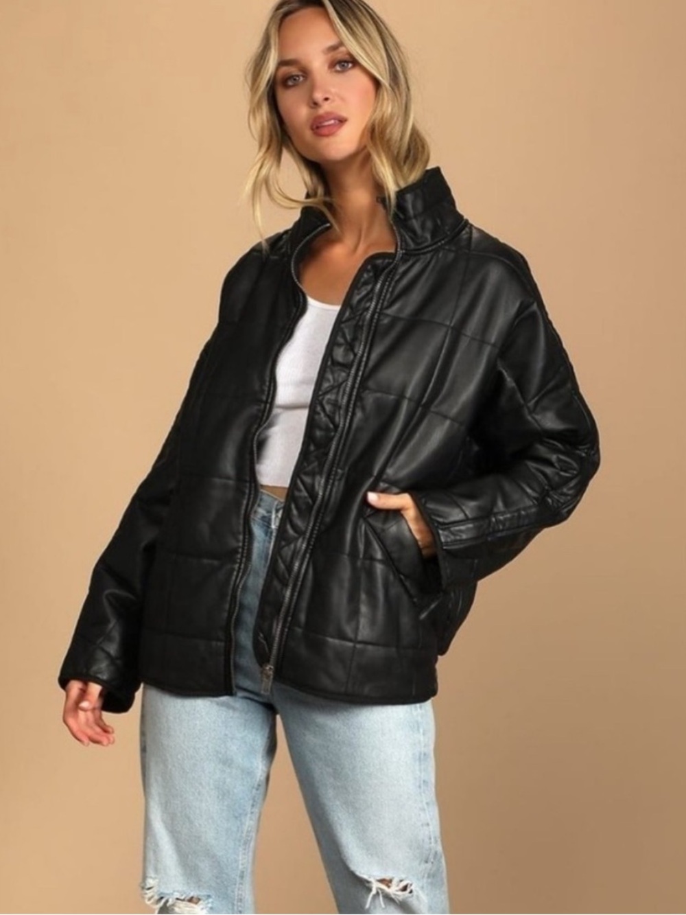 We The Free Black Quilted Faux Leather Puffer Jacket LIKE NEE